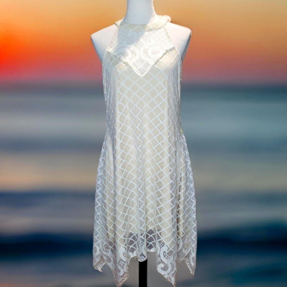 PerSeption Concept Lace Overlay Asymmetrical Halter Dress